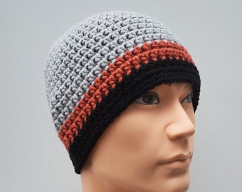 READY TO SHIP- Men's Crochet Hat/ Men's Grey Copper and Black Hat/ Men's Basic Beanie in Grey Copper and Black/ Hats for Men