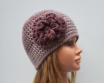 READY TO SHIP- Women's Crochet Hat with Flower/ Women's or Girls Crochet Beanie Hat/ Crochet Hat/ Ombre Brown Hat with Brown Flower