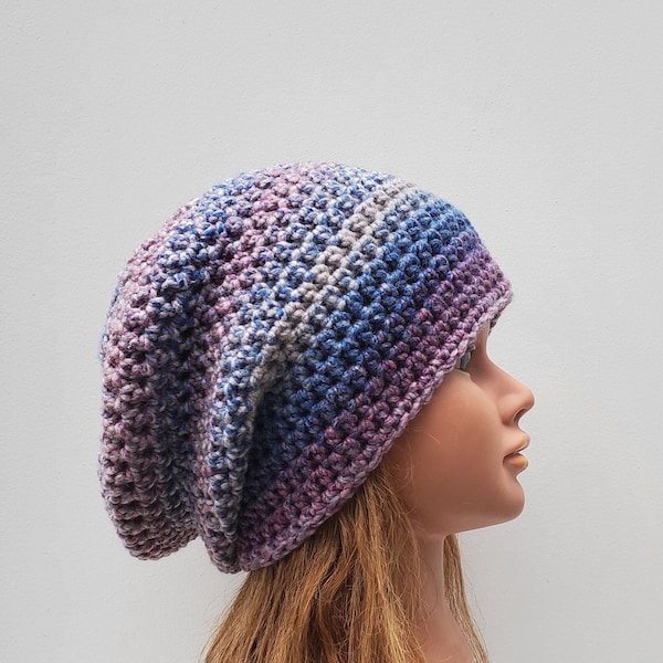 READY TO SHIP- Womens Crochet Beanie/ Girls Crochet Slouch Hat/ Slouchie Beanie/ Pink Purple Blue Winter Hat/ Winter Hat/ Winter Beanie