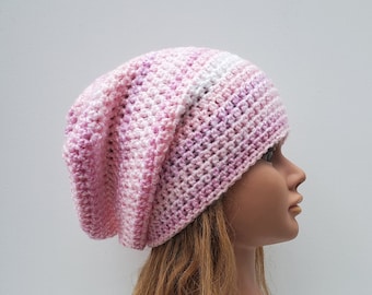 READY TO SHIP- Womens Crochet Beanie/ Girls Crochet Slouch Hat/ Slouchie Beanie/ Pink Winter Hat/ Slouch/ Winter Hat/ Winter Beanie
