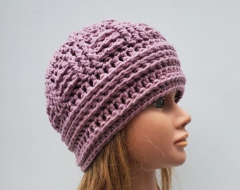 READY TO SHIP- Women's Crochet Hat/ Women's or Girls Mauve Beanie/ Textured Stitch Winter Hat/Dusty Pink Hat/Dusty Purple Hat/Beanie