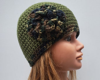 READY TO SHIP- Women's Crochet Hat with Flower/ Women's or Girls Crochet Beanie Hat/ Crochet Hat/ Green Hat with Camo Flower/ Camouflage