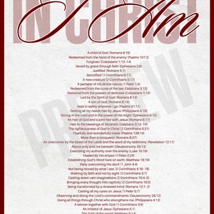 May include: A burgundy-colored print features the words "I Am Christ" in a stylized script. Below, a list of biblical verses about faith and salvation is displayed in a serif font. The design includes a small logo at the bottom.
