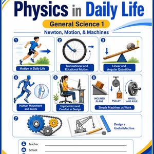 May include: A Physics in Daily Life teacher edition textbook cover featuring General Science 1, Newton, Motion, & Machines. It displays seven numbered educational diagrams including motion, levers, human joints, ergonomics, simple machines, and gears.