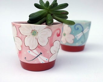 Succulent Plant Pot, Dragonfly Plant Pot, Floral Succulent Plant Pot, Floral Plant Pot