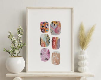 Konsttryck med marockanska mattor – Abstrakt oljepastellillustration, collagemålning, gicléetryck – A5 A4 A3