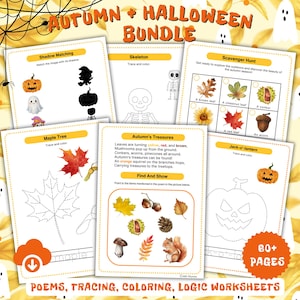 May include: A bundle of autumn and Halloween-themed worksheets. The worksheets include shadow matching, skeleton tracing, scavenger hunt, maple tree tracing, autumn treasures, and jack-o'-lantern tracing. The bundle includes over 60 pages of poems, tracing, coloring, and logic worksheets.