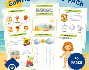Summer Activity Pack | Poems, Handwriting, Letters, Counting, Beach Activities, Toddler Preschool Kindergarten Homeschool Summer Worksheets
