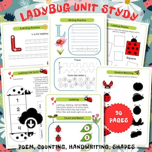 Ladybug Unit Study: Poem, Lifecycle, Handwriting, Counting, Shapes, Craft. Preschool Homeschooling Printable, Montessori PDF