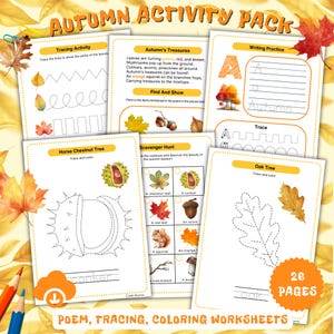 Può includere: Un pacchetto di attività autunnali con 26 pagine di fogli di lavoro. Il pacchetto include pagine di tracciamento, colorazione e pratica della scrittura. I fogli di lavoro presentano immagini a tema autunnale come foglie, ghiande e scoiattoli.