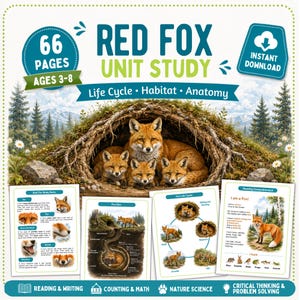 Unità didattica sulla volpe rossa, ciclo vitale, attività sull'habitat, anatomia della volpe per la scuola materna e l'asilo, attività di tracciamento e abbinamento Montessori per l'homeschooling in formato PDF.