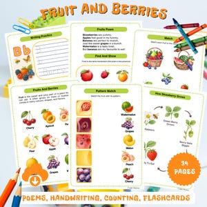 May include: Educational flashcards with the title "FRUIT AND BERRIES" feature poems, handwriting practice, and counting activities. The cards display colorful illustrations of fruits like strawberries, apples, and grapes, with the text "34 PAGES" visible.
