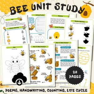 Unidad didáctica sobre las abejas: Poemas sobre la colmena, ciclo de vida, anatomía, polinización, cómo hacer miel, pintura con los dedos, conteo, caligrafía. DESCARGA INMEDIATA