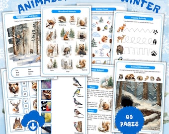 Animales y aves en invierno: Hojas de trabajo sobre hibernación, migración y adaptación. Paquete de actividades para rastrear huellas. Montessori, educación en casa (PDF)