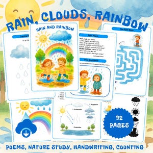 Puede incluir: Un conjunto de imprimibles educativos con el tema de la lluvia, las nubes y los arcoíris. Las páginas incluyen poemas, laberintos y práctica de escritura. El texto en las páginas incluye "Rain, Clouds, Rainbow" y "32 Pages".