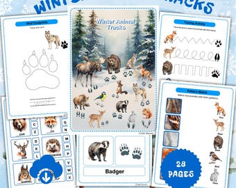 Winter Animal Tracks Worksheet | Forest Footprint Tracing Activity Pack. Montessori Flashcards, Matching Game. Homeschooling Printable PDF