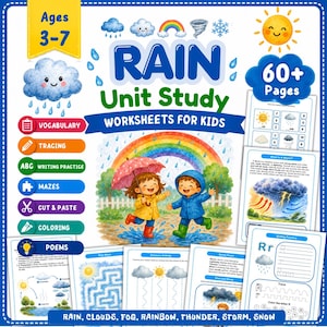 May include: A Rain Unit Study educational workbook for children ages 3-7, featuring 60+ pages of worksheets including vocabulary, tracing, writing practice, mazes, cut and paste, coloring, and poems with illustrations of children in rain gear.