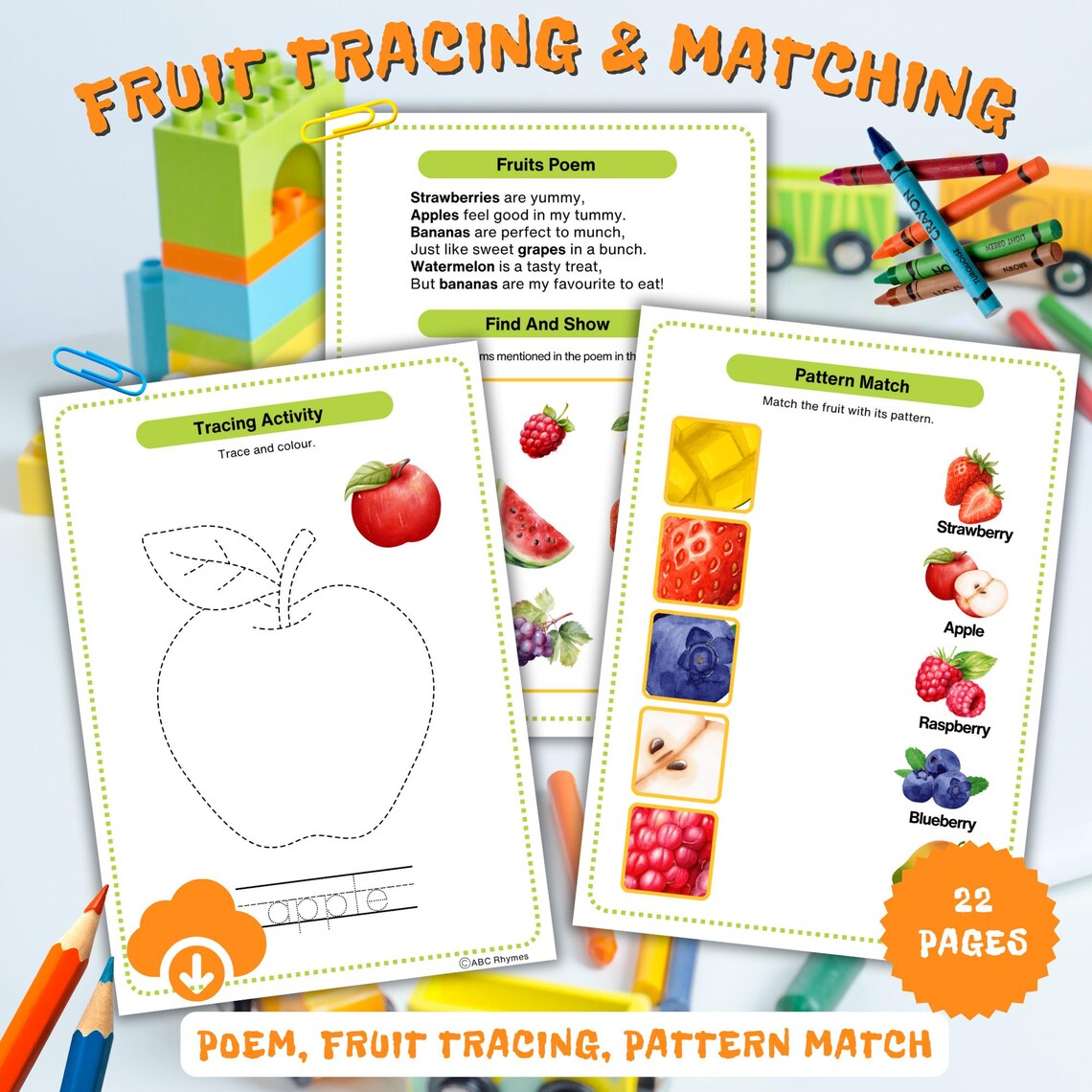 Digital Fruit Tracing Worksheets, Printable Kindergarten Berries Trace ...