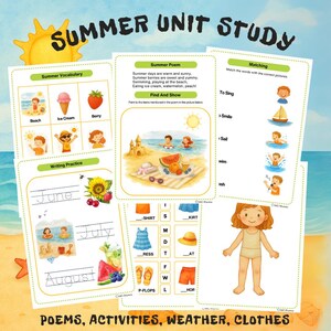 Paquete de actividades de verano: Poemas, Escritura a mano, Cartas, Tarjetas didácticas de verano, Actividades de playa, Clima y ropa de verano, Muñeca de papel, Manualidad con tijeras
