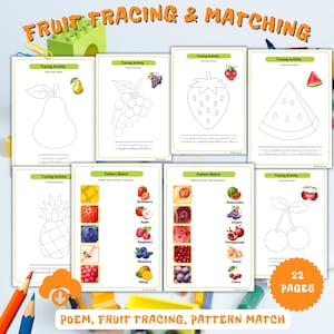 Op de afbeelding: Educatieve activiteitenvellen voor kinderen, met fruittraceer- en matchingspellen. De pagina's bevatten contouren van fruit zoals peren, druiven, aardbeien en watermeloenen, samen met bijpassende activiteiten. De tekst "FRUIT TRACING & MATCHING" staat bovenaan.
