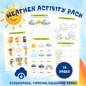 May include: A Weather Activity Pack with a watercolor design. The pack includes flashcards, tracing, and coloring pages. The cover features a smiling sun and the text "Weather Activity Pack". Inside are pages for scissors practice, weather vocabulary, and tracing activities.