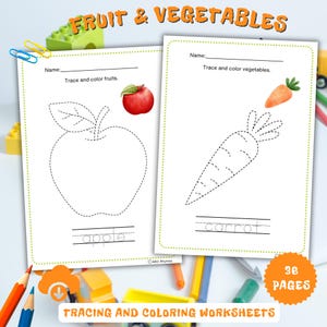 Puede incluir: Dos hojas de trabajo blancas para trazar y colorear con el texto "FRUIT & VEGETABLES" en la parte superior. Una hoja de trabajo presenta un contorno de manzana y la palabra "apple". La otra muestra un contorno de zanahoria y la palabra "carrot". El texto "TRACING AND COLORING WORKSHEETS" está en la parte inferior.