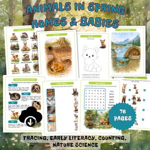 May include: A collection of educational printables titled "Animals in Spring Homes & Babies." The pages feature woodland animals, tracing activities, word searches, and counting exercises. The set includes 76 pages, perfect for early literacy and nature science.