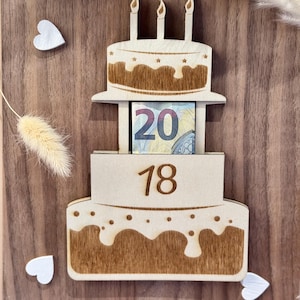 Confezione regalo in contanti per il 18° compleanno per denaro o buono regalo | Torta di legno | Regalo per adulti
