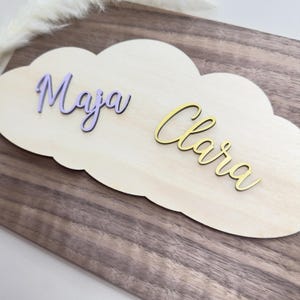 Regalo per la nascita di due gemelli | Targhetta con nome per cameretta dei bambini, bambina e bambino | Targa per porta, decorazione da parete per cameretta del bambino, in legno | nuvola fatta di legno