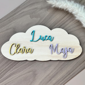 Targhetta porta cameretta bambini bambina bambino |  Regalo per la nascita di tre gemelli | Cartello porta decorazione murale per bambini personalizzato | nuvola fatta di legno
