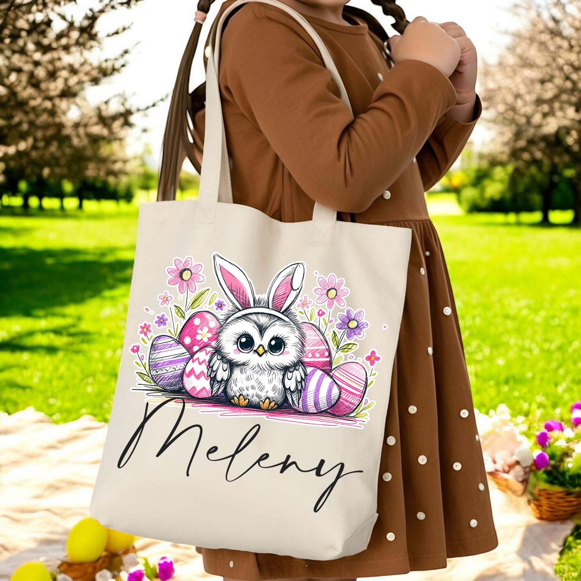 Easter Owl Tote Bag, Bunny Ears, Egg Hunt, Girls Easter Gift, Springtime Bag, Religious Easter, East