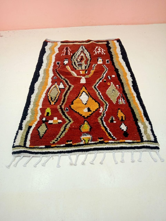 Berber Wool Rug: Red Moroccan Boujad Style (Handwoven, Soft Texture)