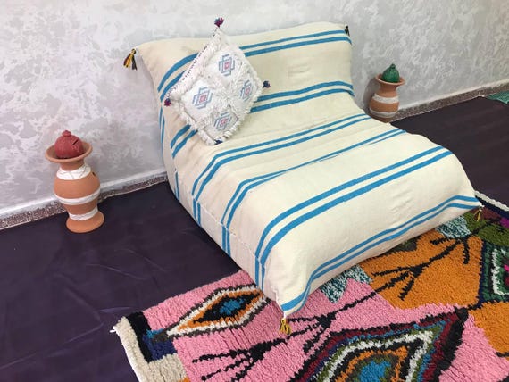 Moroccan Wool Floor Sofa: Handmade Arabic Majlis Settee with Pouf