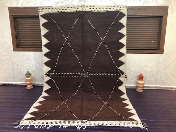 Moroccan Kilim Rug Runner: Dark Brown Wool, White Diamond Pattern