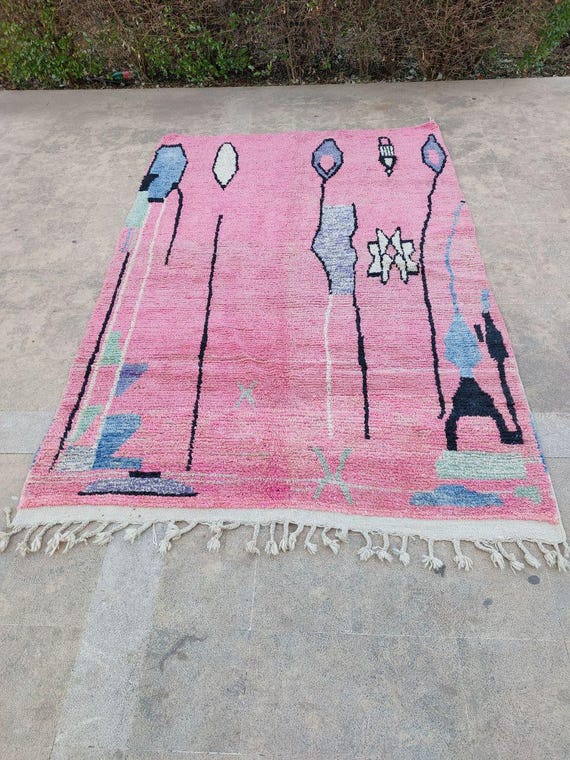 Berber Wool Rug, Moroccan Handmade, Blush Pink & Blue (Various Sizes)