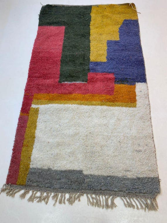 Moroccan Berber Rug: Indigo & Peach Wool, Handwoven 4x7