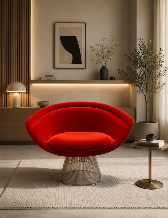 Platner Lounge Chair – Large Mid Century Fiberglass Shell, Steel Base Accent Chair