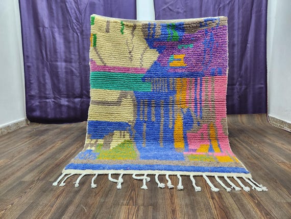 Moroccan Berber Wool Rug - Handwoven Blue and Brown Patterns