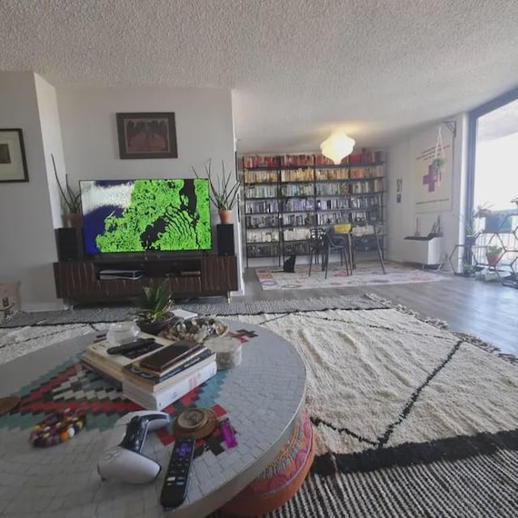 Moroccan Berber Wool Rug - Handmade Boho with Black Details