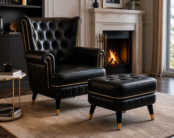 Luxury black Leather Chair with Footstool, Tufted Wingback Seat, Modern Lounge Furniture, Elegant Living Room Decor
