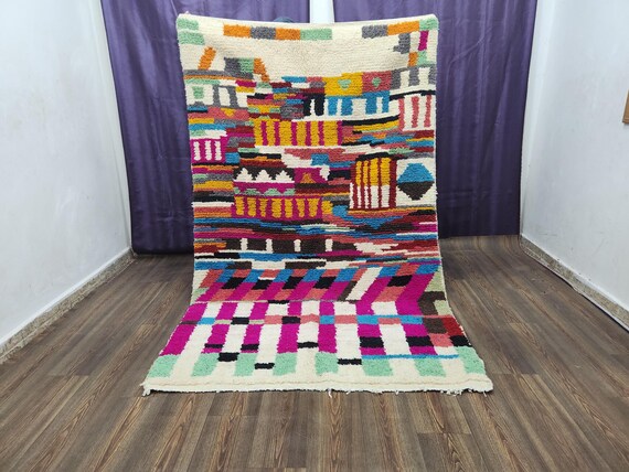 Moroccan Wool Rug: Handwoven Boho Blue and Burgundy Shaggy