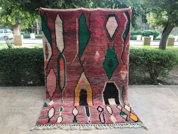 Berber Wool Rug, Red Moroccan Boujad, Geometric Fringe (Handmade)