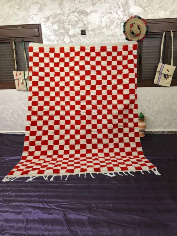 Pink Checkered Moroccan Rug - Handmade Wool Shaggy 6x7 ft