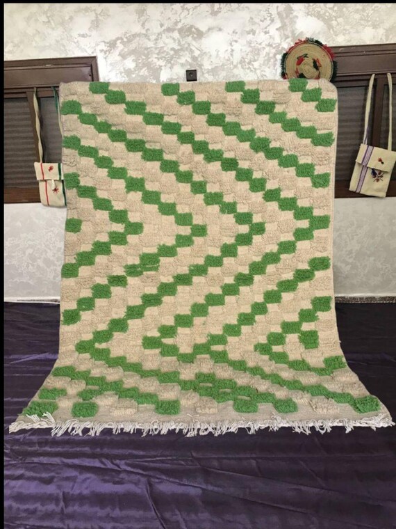Berber Wool Rug, Green Chevron Pattern, Moroccan Tassels (Handwoven)
