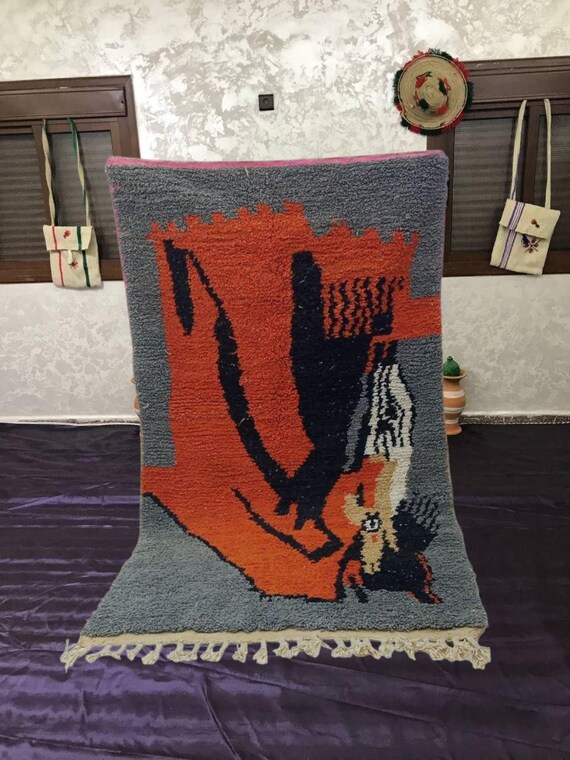 Moroccan Boujaad Wool Rug, Shaggy Texture (Orange, Black, Gray)