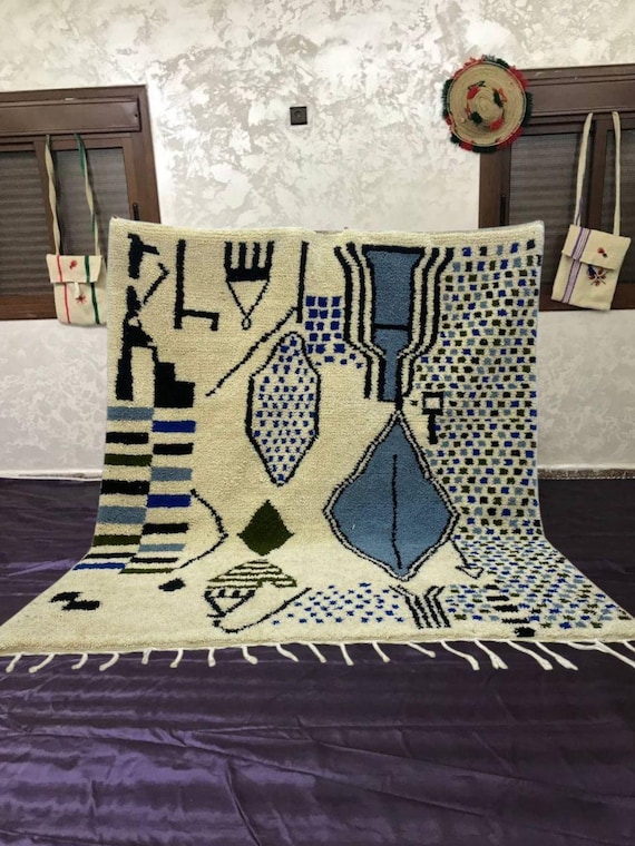 Moroccan Wool Rug: Blue Patterns on Natural Ivory - Handwoven