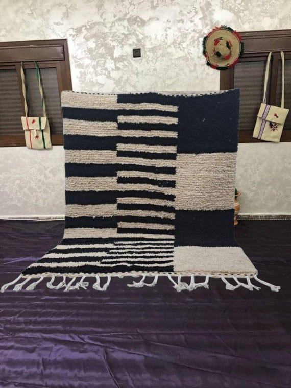 Moroccan Berber Wool Rug - Handmade Tan Brown Shag with Geometric Design