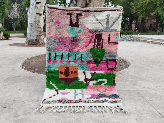 Berber Wool Rug: Moroccan Grid Design (5x8 Feet, Green Pink Blue)