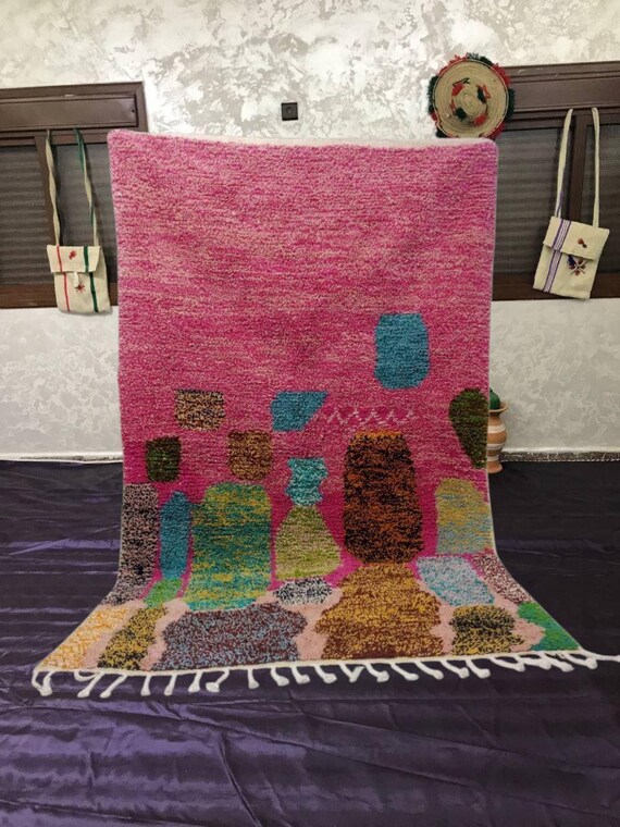 Pink and Cream Moroccan Rug: Handmade Wool Berber Design