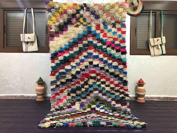 Moroccan Cotton Rug: Colorful Checkered Boucherouite (5x2 ft)
